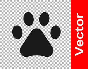 Black Paw print icon isolated on transparent background. Dog or cat paw print. Animal track. Vector.