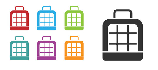 Black Pet carry case icon isolated on white background. Carrier for animals, dog and cat. Container for animals. Animal transport box. Set icons colorful. Vector.