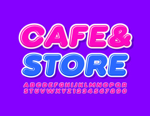 Vector trendy logo Cafe & Store. Bright modern Font. Pink stylish Alphabet Letters and Numbers set