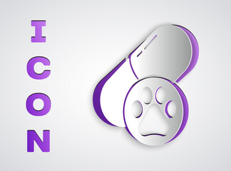 Paper cut Dog pill icon isolated on grey background. Prescription medicine for animal. Paper art style. Vector.
