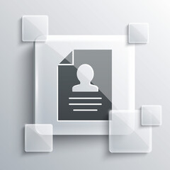 Grey Resume icon isolated on grey background. CV application. Searching professional staff. Analyzing personnel resume. Square glass panels. Vector.