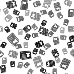 Black Resume icon isolated seamless pattern on white background. CV application. Searching professional staff. Analyzing personnel resume. Vector.