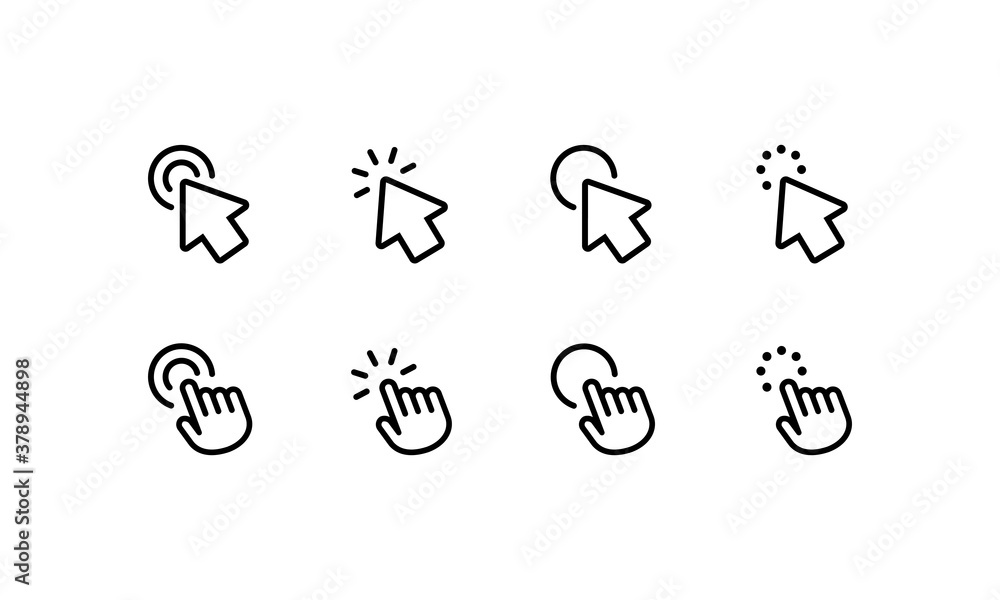 Poster click icon set. computer mouse, cursors, pointing. arrow and wait. vector on isolated white backgrou