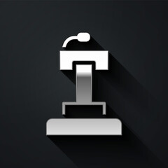 Silver Stage stand or debate podium rostrum icon isolated on black background. Conference speech tribune. Long shadow style. Vector.