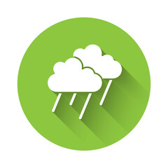 White Cloud with rain icon isolated with long shadow. Rain cloud precipitation with rain drops. Green circle button. Vector.