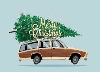 Classic vintage cartoon family car with Christmas Tree on the roof and Marry Christmas lettering. Christmas card or poster design template. Vector illustration
