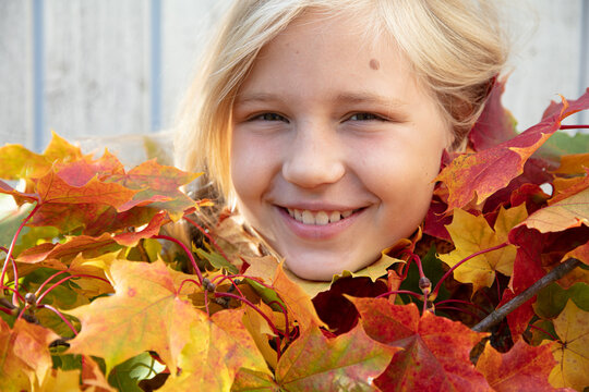 A blonde girl with long hair smiles with maple leaves, photo outdoors, close-up