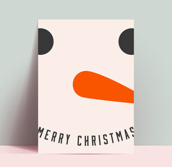 Christmas poster design template with minimalistic snowmen face and Merry Christmas lettering. Vector illustration