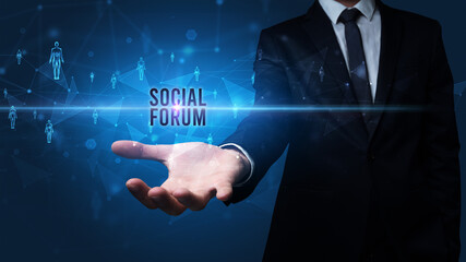 Elegant hand holding SOCIAL FORUM inscription, social networking concept