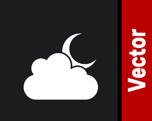White Cloud with moon icon isolated on black background. Cloudy night sign. Sleep dreams symbol. Night or bed time sign. Vector.