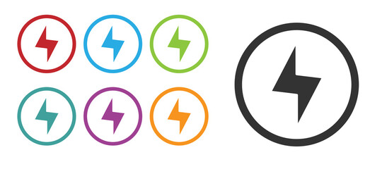 Black Lightning bolt icon isolated on white background. Flash sign. Charge flash icon. Thunder bolt. Lighting strike. Set icons colorful. Vector.