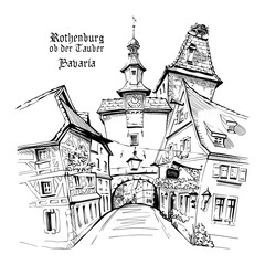 Vector sketch of Markusturm in medieval old town of Rothenburg ob der Tauber, Bavaria