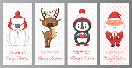 Merry Christmas greeting cards set. Cute cartoon characters on a white background. Vector illustration.
