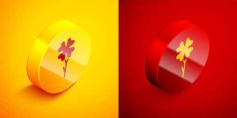 Isometric Four leaf clover icon isolated on orange and red background. Happy Saint Patrick day. Circle button. Vector.