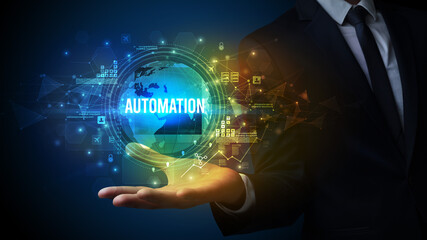 Obraz premium Elegant hand holding AUTOMATION inscription, digital technology concept