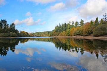Fototapeta na wymiar Reflections in Tottiford Reservoir, Devon, in Autumn 