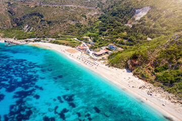 Panoramic view of the beautiful Petani Beach, Kefalonia Island, Greece, during summer time with turquoise sea and fine sand