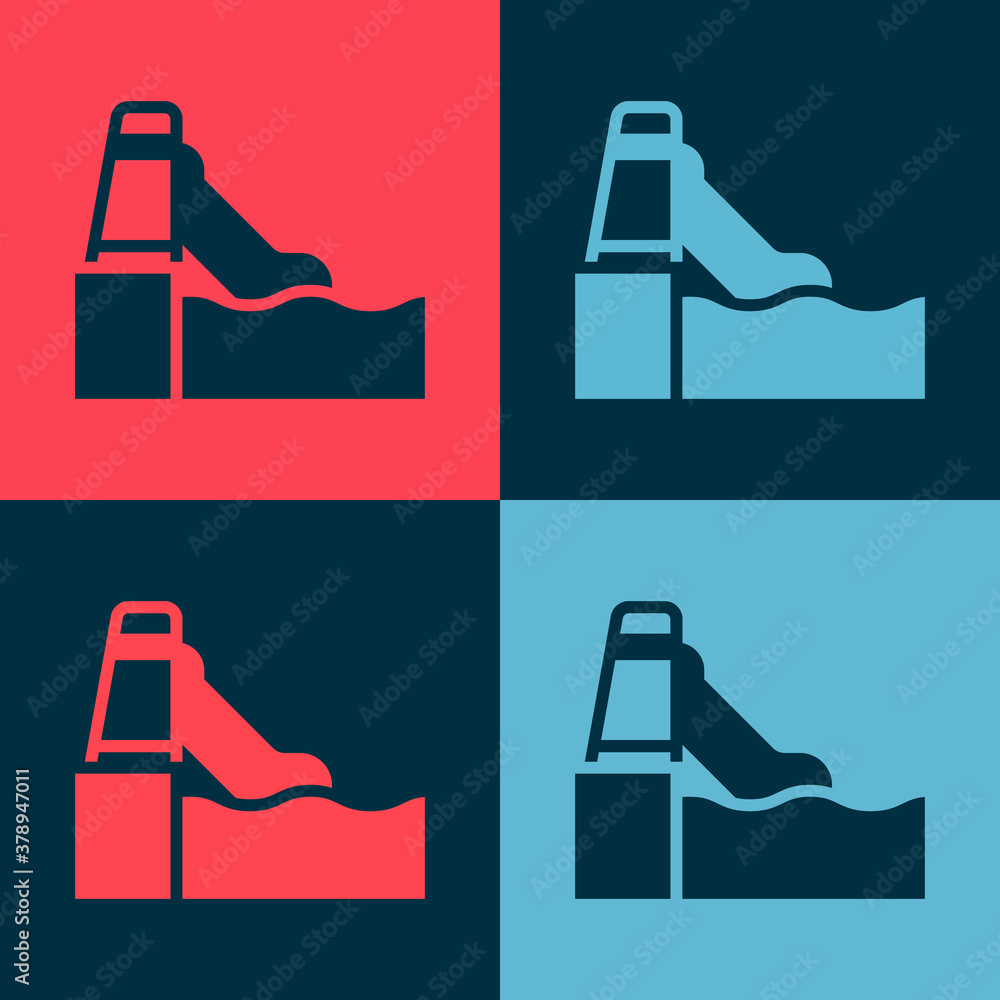 Poster pop art water slide with pool icon isolated on color background. aquapark. vector.