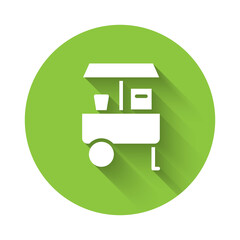 White Fast street food cart icon isolated with long shadow. Urban kiosk. Green circle button. Vector.