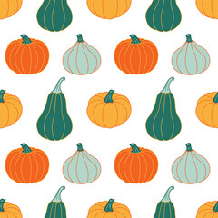Colorful pumpkins on a white background. Seamless vector pattern. Autumn illustrations for holiday decorations, postcards, banners, festive wrapping paper, modern prints, bright fabrics and textiles.