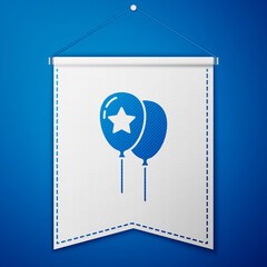 Blue Balloons with ribbon icon isolated on blue background. Happy Easter. White pennant template. Vector.