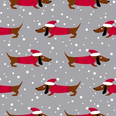 Dachshund in a Christmas hat and sweater. Seamless pattern. It is used for children s products, bedding, wrapping paper.