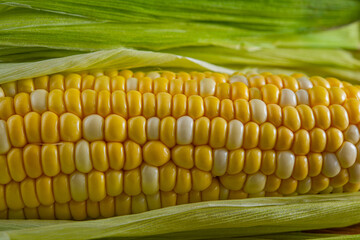 ripe ear of corn lies on the surface of an oak board.