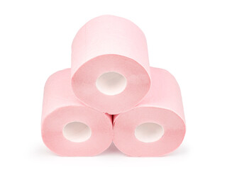 pink toilet paper in rolls with a sleeve, isolate on a white background, space for text