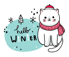 Cartoon cute winter,  Adorable white cat in winter vector.