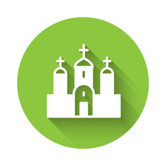 White Church building icon isolated with long shadow. Christian Church. Religion of church. Green circle button. Vector.