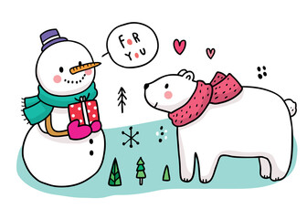 Cartoon cute winter, Snowman give gift for polar bear vector.