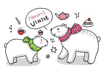 Fototapeta premium Cartoon cute winter Polar bears greeting vector.