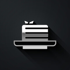 Silver Medovik icon isolated on black background. Honey layered cake or russian cake Medovik on plate. Long shadow style. Vector.