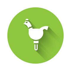 White Candy cockerel lollipop on a stick icon isolated with long shadow. Green circle button. Vector.