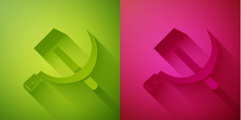 Paper cut Hammer and sickle USSR icon isolated on green and pink background. Symbol Soviet Union. Paper art style. Vector.