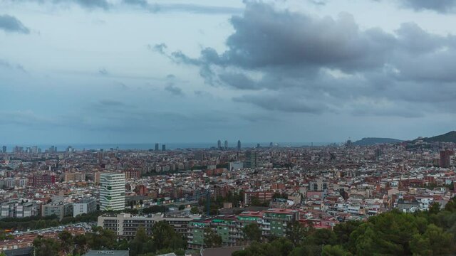 Day to night timelapse of Barcelona City urban skyline