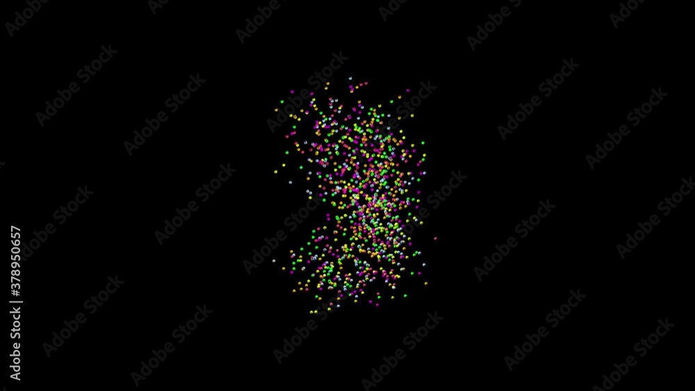 Poster numbers from small multi-colored balls on a black background. 3d animation.