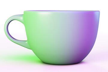 Ceramic mug. Green to purple gradient coverage. Light background.