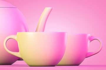 A tea set. Two mugs and a teapot in the background. Pink style.