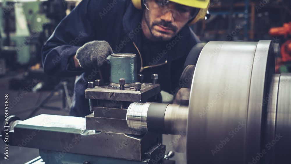 Poster smart factory worker using machine in factory workshop . industry and engineering concept.