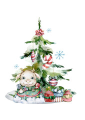 Year of the bull 2021. New year illustration. Hand drawn watercolor cute baby bull with spruce tree. Nursery clip art. Christmas greeting card.