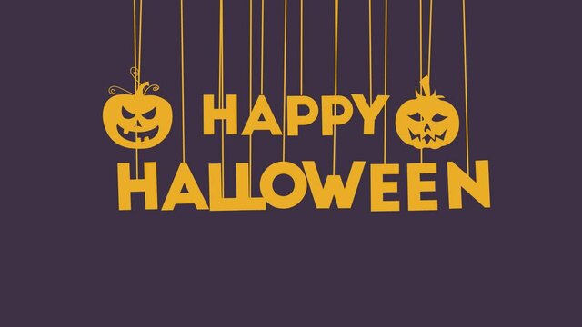 Animated "HAPPY HALLOWEEN" text with hanging letters on dark purple background
