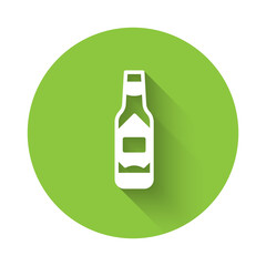 White Tabasco sauce icon isolated with long shadow. Chili cayenne spicy pepper sauce. Green circle button. Vector.