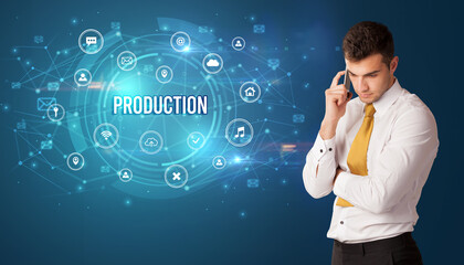 Businessman thinking in front of technology related icons and PRODUCTION inscription, modern technology concept