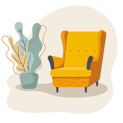 Vector illustration. Home interior, retro yellow armchair, potted plant.
