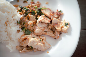 Pork fried with crunchy garlic with rice. Thai style food