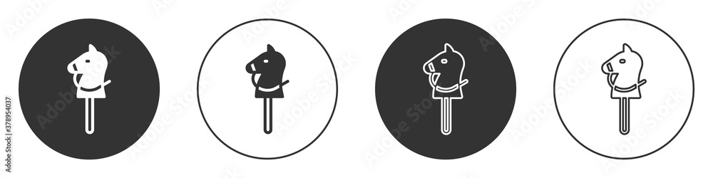 Sticker black toy horse icon isolated on white background. circle button. vector.