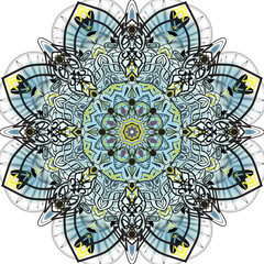Black and blue mandala with yellow tips