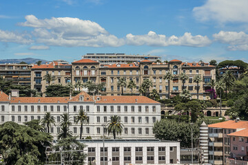 Fototapeta premium Panoramic view: Le Suquet - the Old town and Port Le Vieux in Cannes, Cote d'Azur, France.