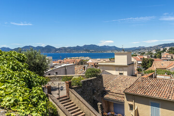 Fototapeta na wymiar Panoramic view: Le Suquet - the Old town and Port Le Vieux in Cannes, Cote d'Azur, France.